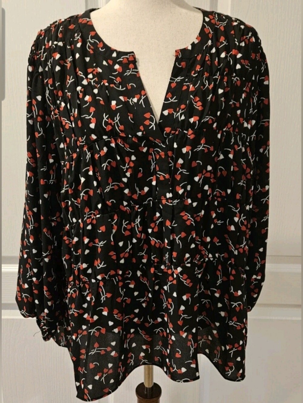 Zac & Rachel Heart Print Tiered Blouse Black Red Women's XL